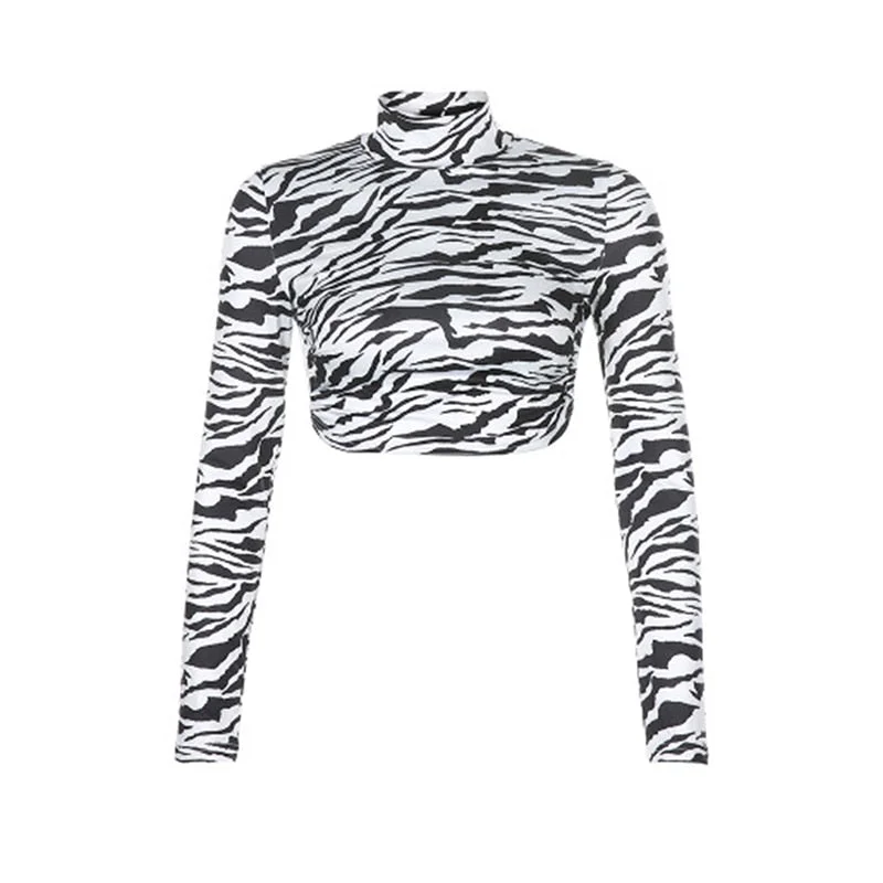 Animal Zebra Print Backless Cropped Tshirt Women Sexy Long Sleeve T-shirt Ladies Fashion Crop Tops Tees Streetwear