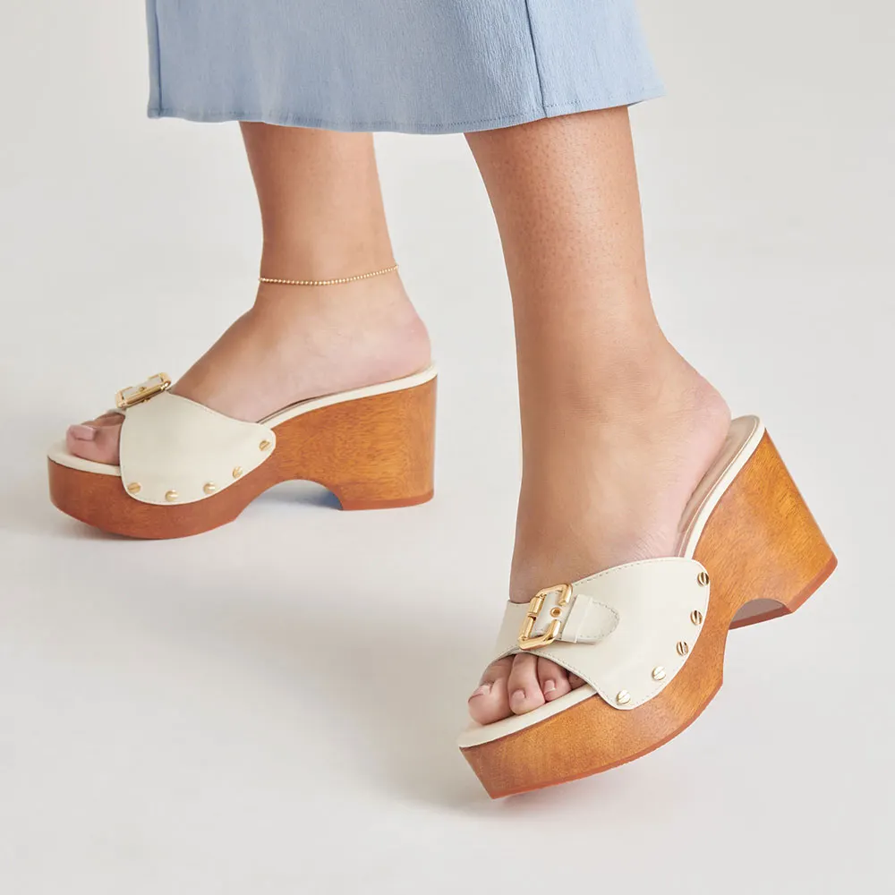 White Open Round Toe Studded Platform Mules Sandals with Buckle