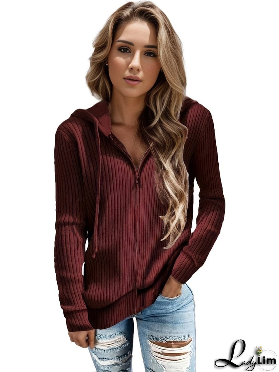 Plus Size Casual Coat, Women's Plus Solid Ribbed Zip Up Long Sleeve Drawstring Hoodie Sweater