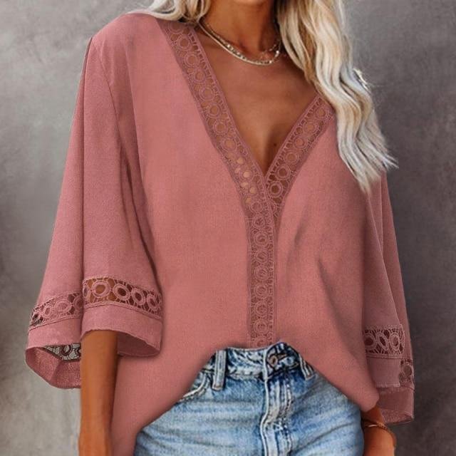 Summer Blouse for Women Tops V Neck Hollow Out Deep  Lady Shirt New Three Quarters Sleeve Blouses Female Clothing Office - Shop Trendy Women's Fashion | TeeYours