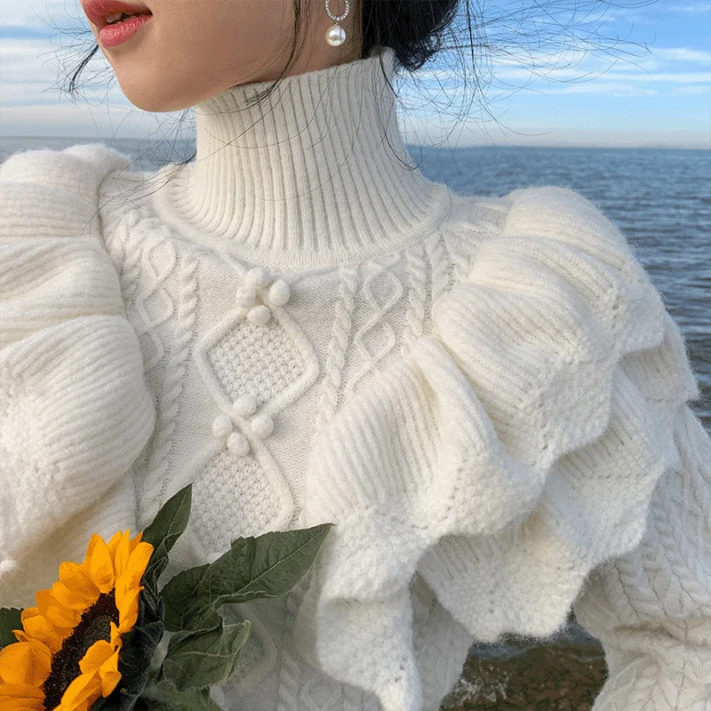 Churchf Churchf New Autumn And Winter Princess Wind Add Thick Versatile Western Style Jacket High Collar Temperament White Twist Heavy Industry Sweater Female