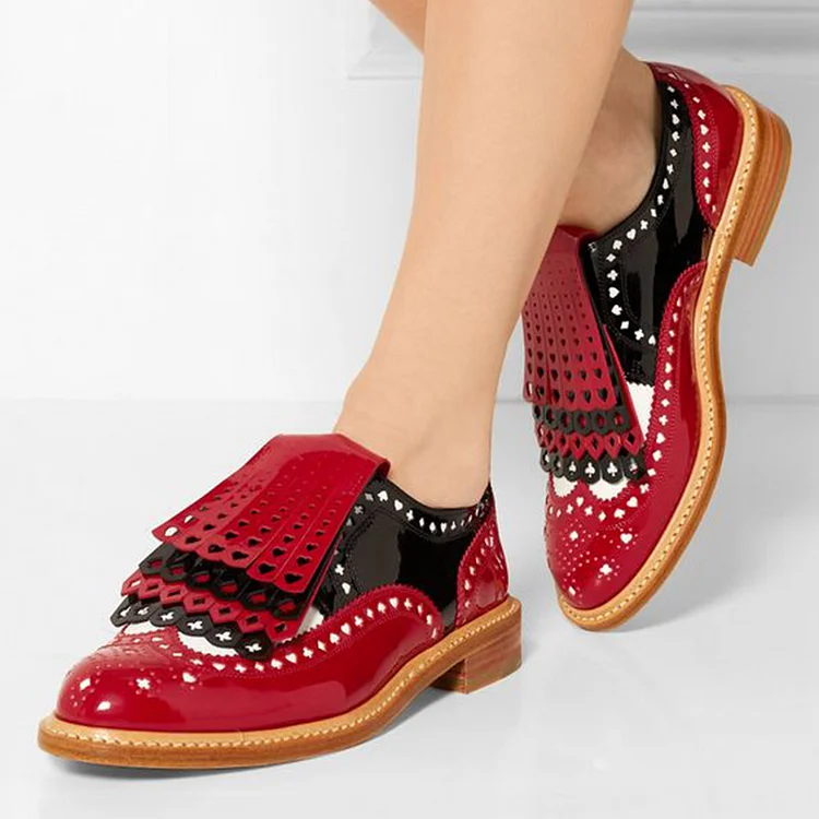 Black & Red Patent Leather Flats Cut-Out Fringe Women's Oxfords |FSJ Shoes