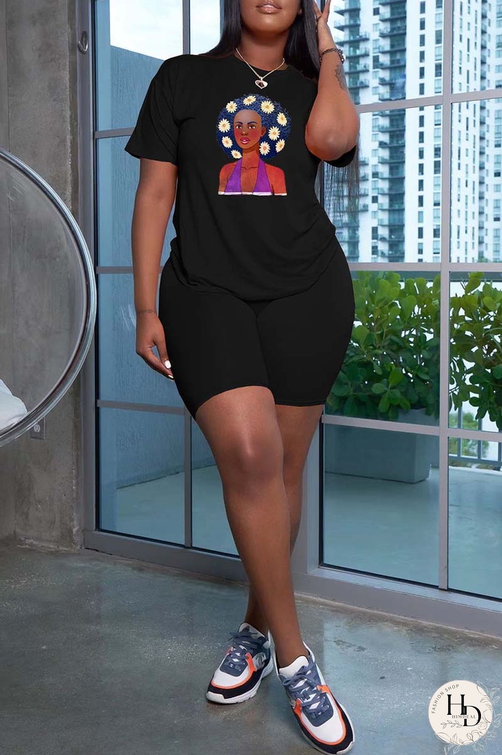 Black Casual Print Basic O Neck Short Sleeve Two Pieces