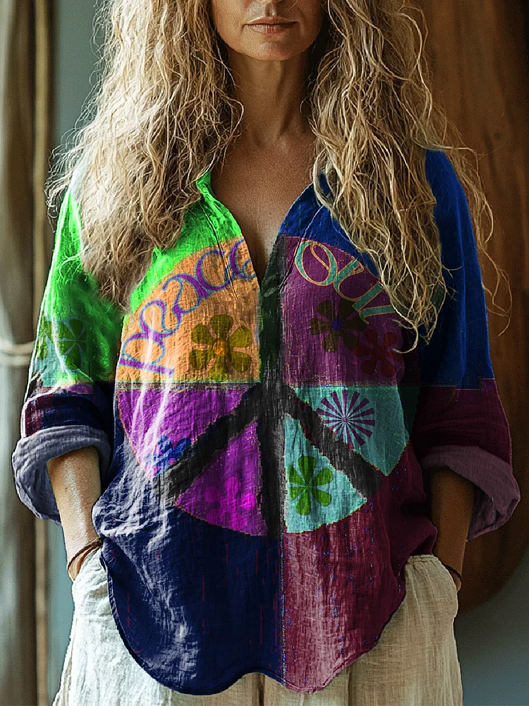 Women's Colorblock Peace Hippie Graphic Art Print Casual Linen V-neck Shirt