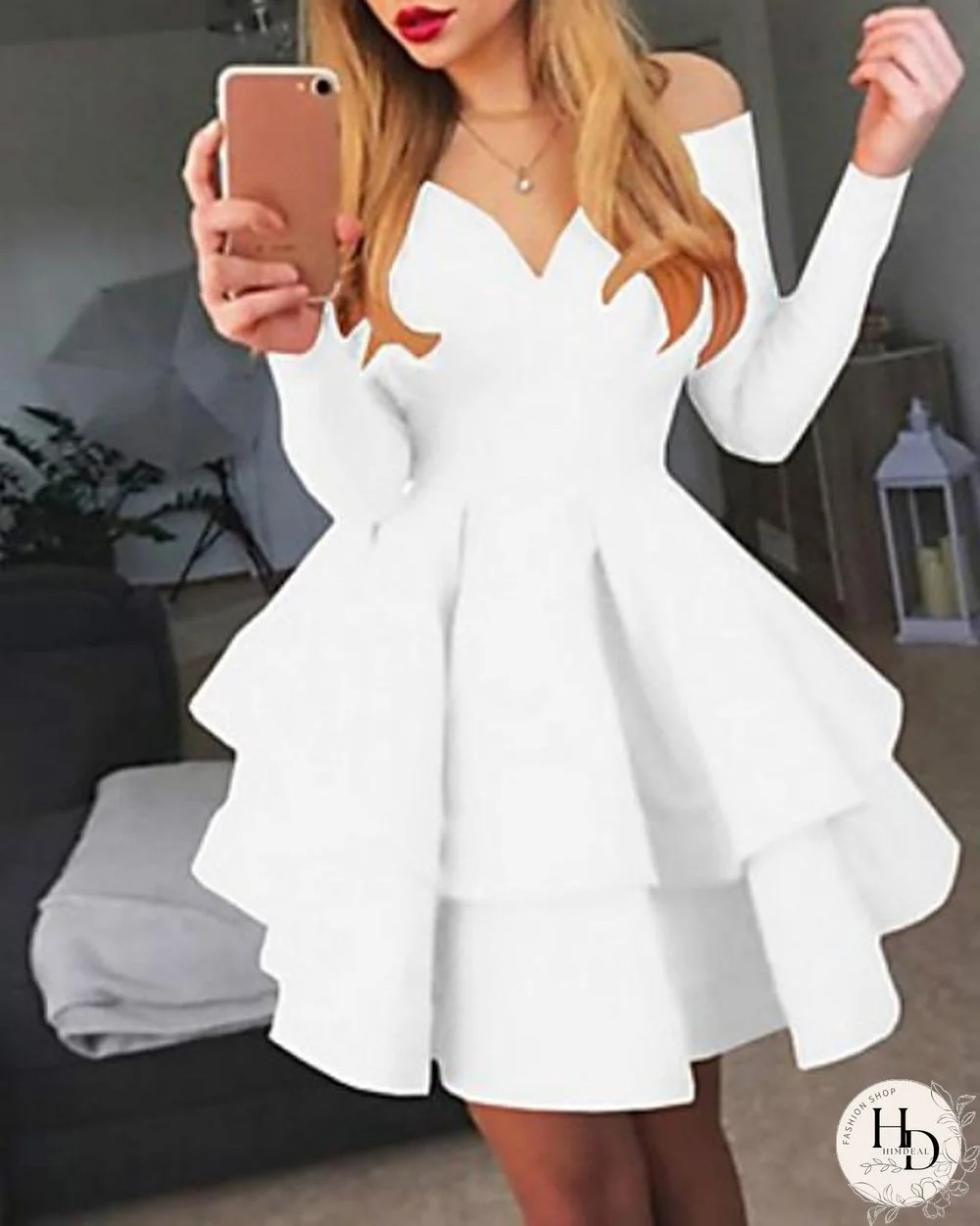 Women's Prom Dress A-Line Dress Short Mini Dress - Long Sleeve Solid Colored Layered Spring Fall Off Shoulder Hot Sexy Going out White Black Red S M L XL XXL White Dresses