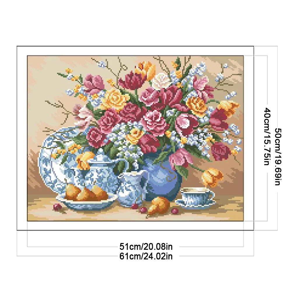 9CT Full Stamped Cross Stitch Bead Embroidery- Flower(Canvas|51*40CM)
