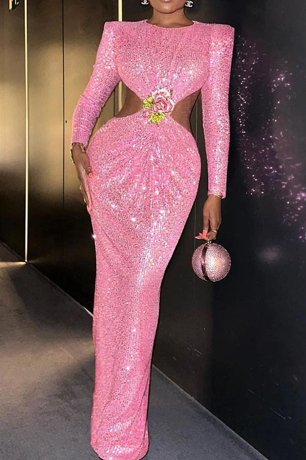 Sequined Glamorous Cutout Waist 3D Flower Buckle Maxi Dress