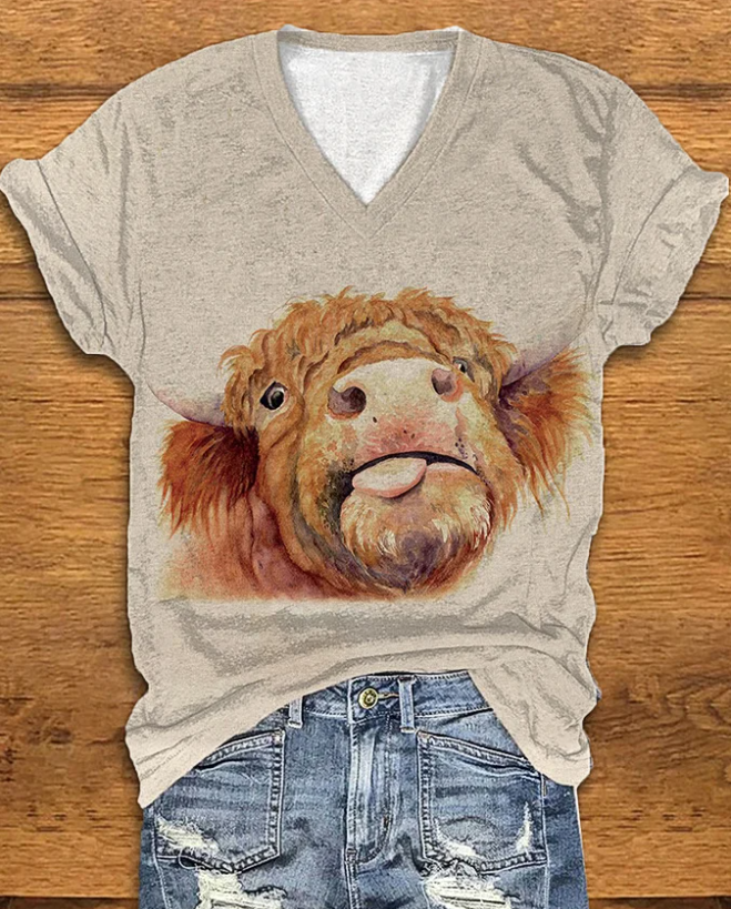 Women's Funny Face Style West Highland Cow Print V-Neck T-Shirt