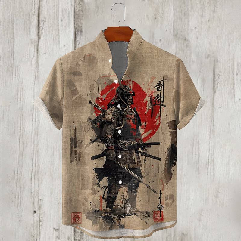 Men's Japanese Samurai Ink Art Linen Blend Cozy Shirt