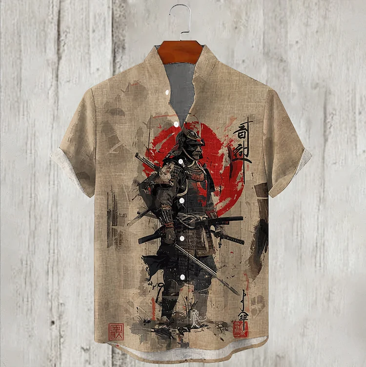 Men's Japanese Samurai Ink Art Linen Blend Cozy Shirt