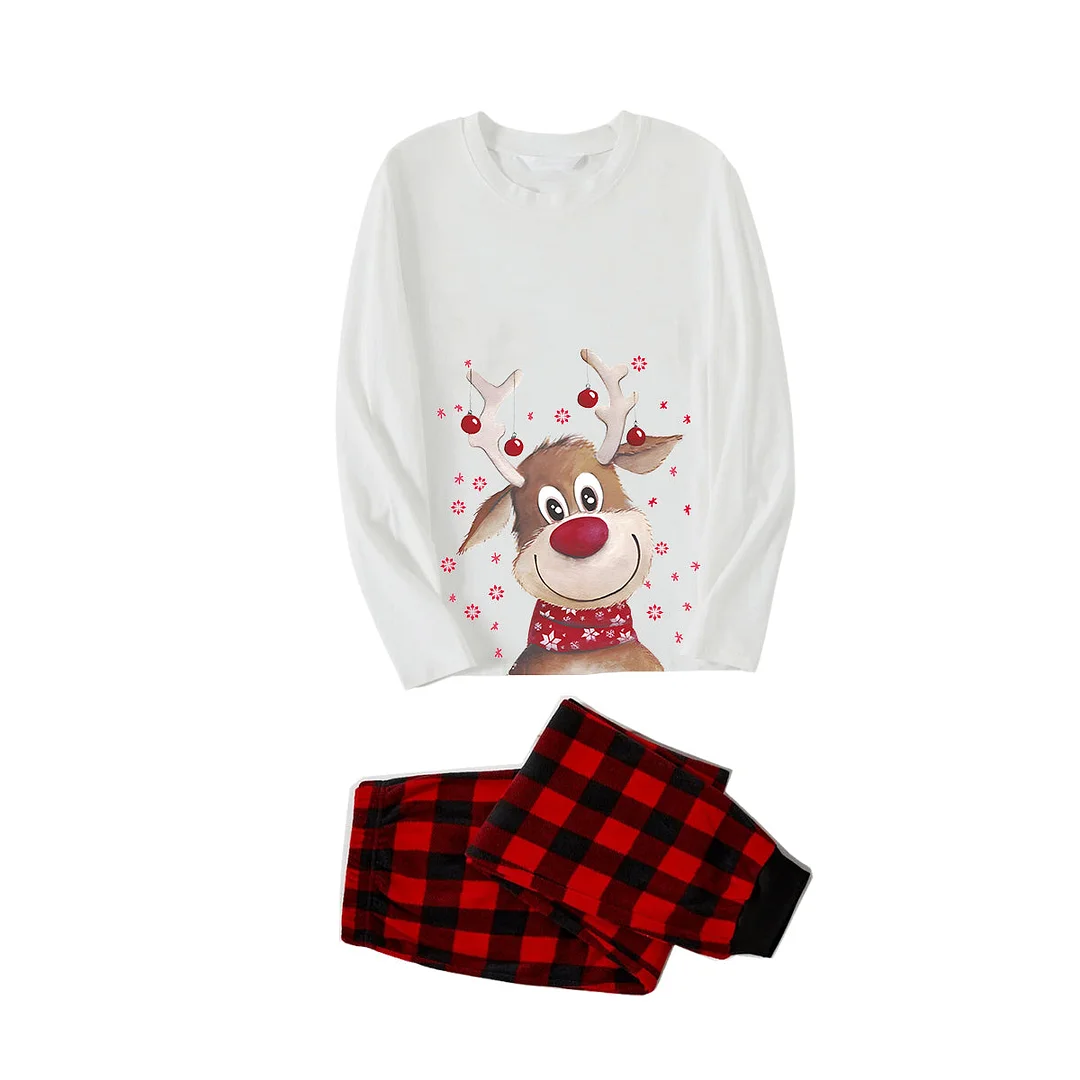 Brown Cute Christmas Elk Pattern 2024 White Long Sleeve with Black&Red Plaid Pants Family Matching Pajamas