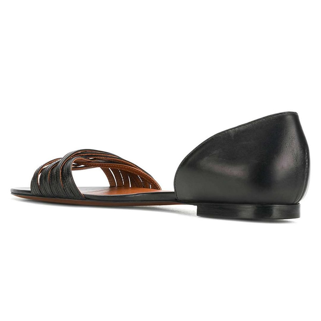 Black Vegan Leather Open Round Toe Slip On Flat Sandals for Women