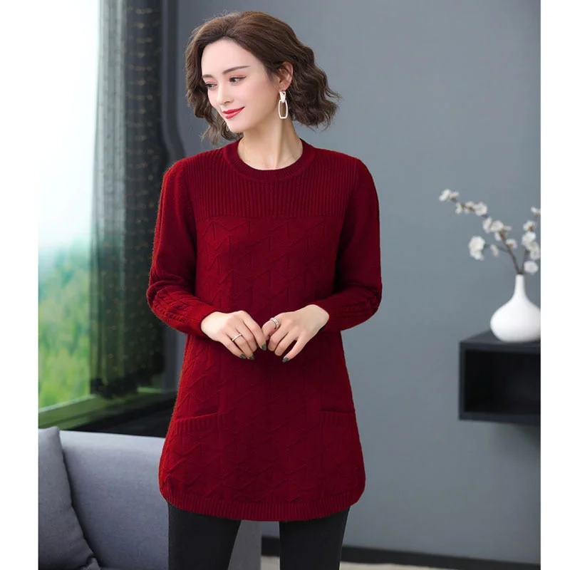 Autumn Winter Women Knit Sweater Pullover Mid-length Solid Long Sleeve  Sweater Loose Knit Bottoming Shirt Female Plus Size T326