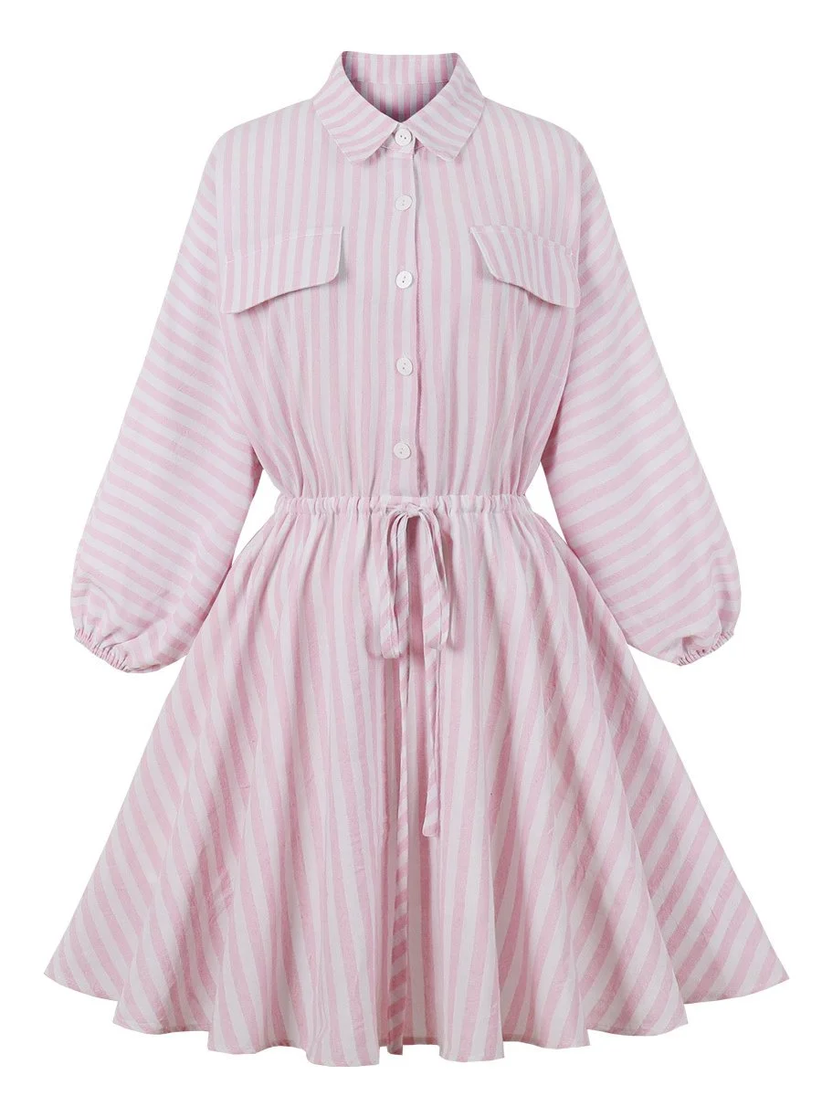 Striped Dress Pink Single Breasted Long Sleeve Drawstring Shirt Dress