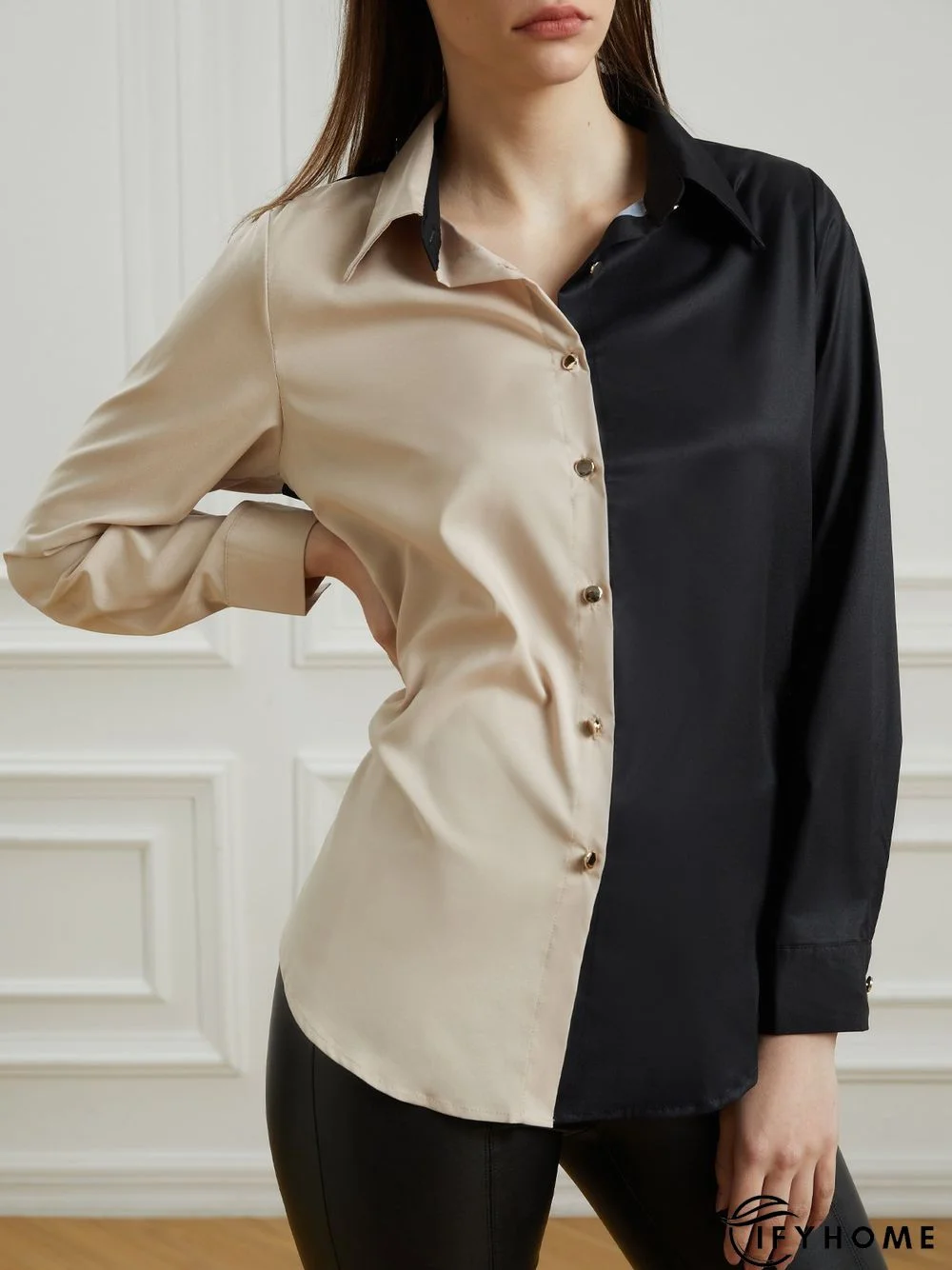 Shirt Collar Color-Block Long Sleeve Plain Blouse | IFYHOME