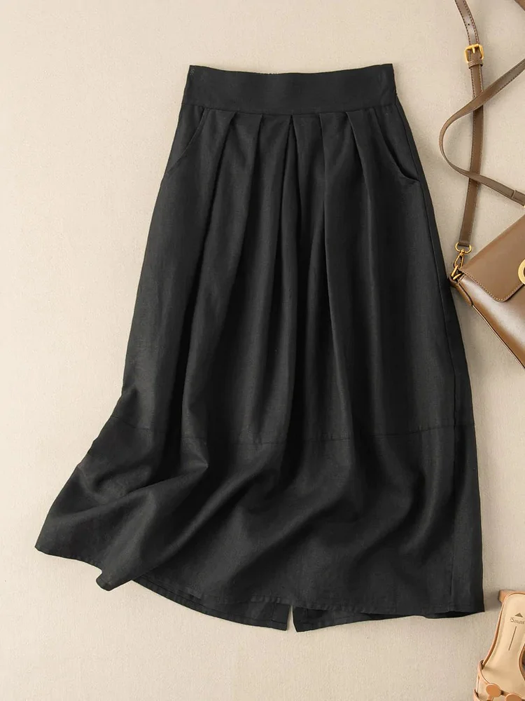 Pure Color Pleated Casual Linen Skirt