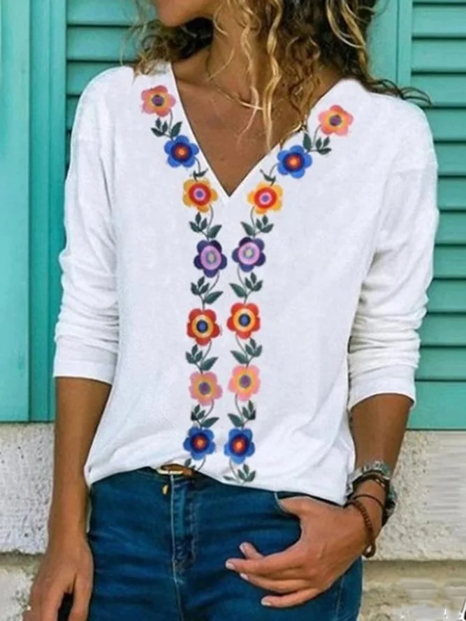 Cotton-Blend Long Sleeve Vintage Shift Shirts & Tops