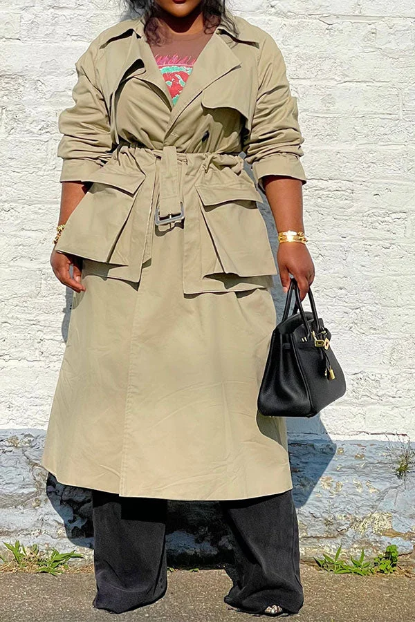 Solid Color Feminine Belted Double Breasted Trench Coat