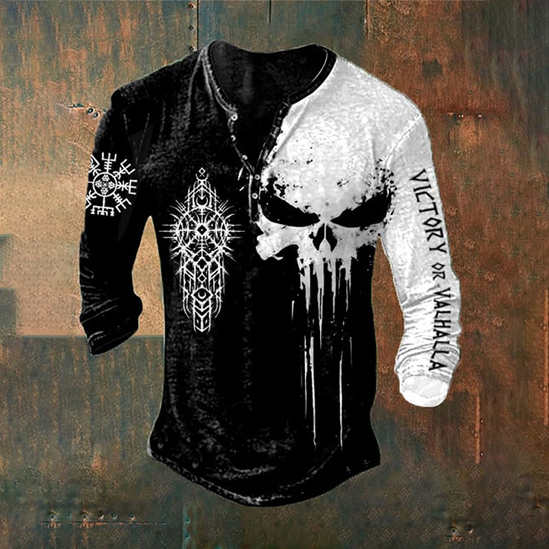 Vintage Viking Graphics Henley Collar Long Sleeves T-Shirt / Rvogue / Rvogue