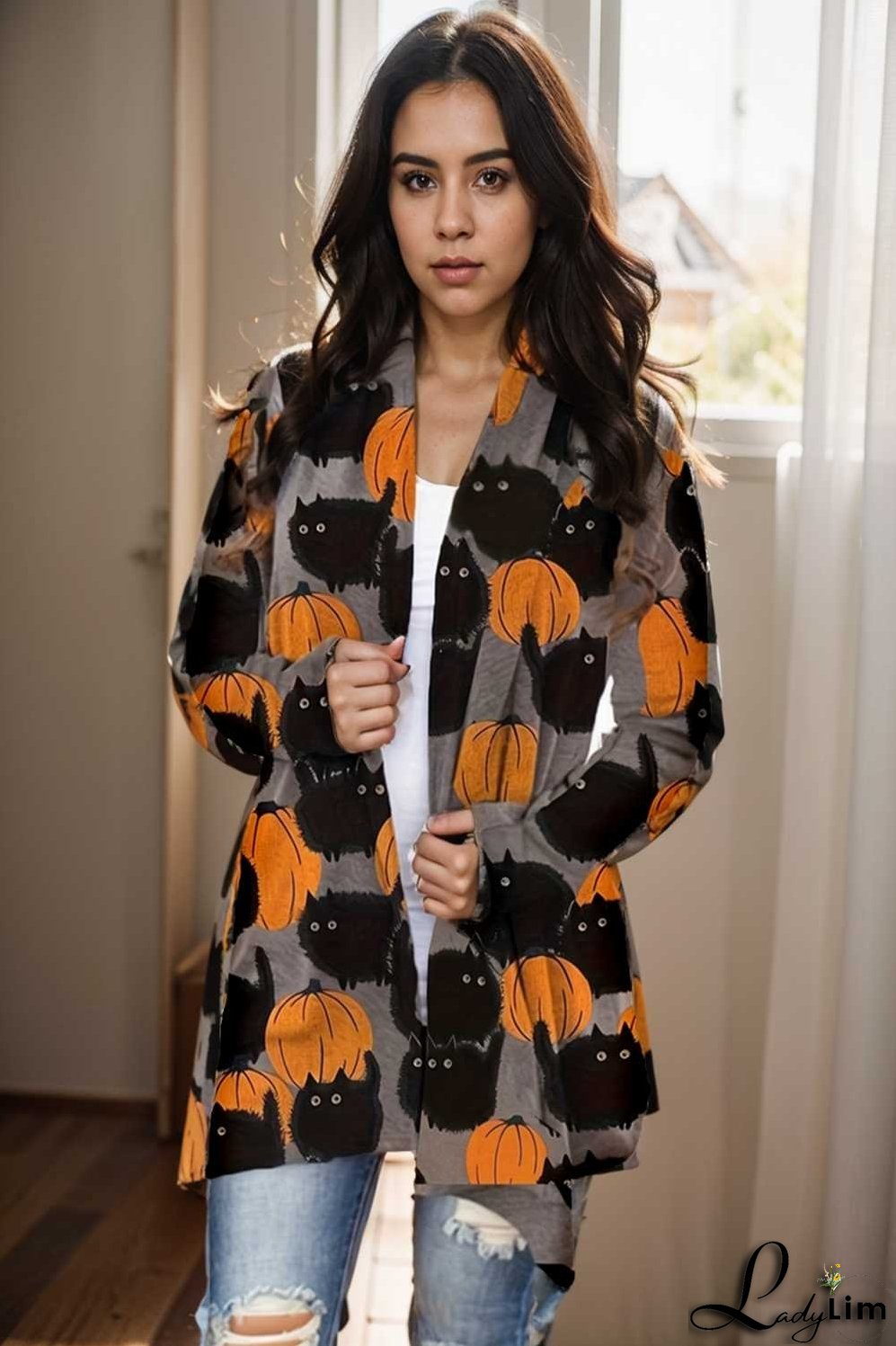 plus size halloween coat women s pus allover cat pumpkin print long sleeve open front medium stretch cardigan overcoat
