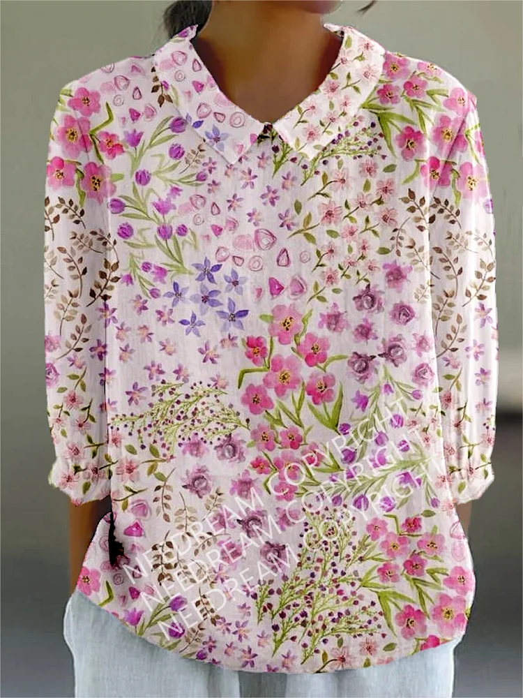 Womens Elegant Watercolor  Small Flower Casual Cotton And Linen Top