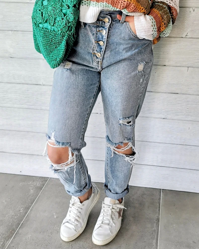 Irregular Ripped Jeans Distressed Pants