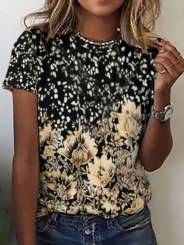 Printed Short Sleeve Casual T-shirt for  Women and Men Unisex Pattern Beige, Black, Floral