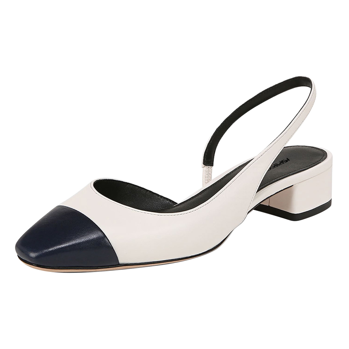 Ivory & Navy Patchwork Square Toe Block Heel Slip-On Slingback Shoes Nicepairs