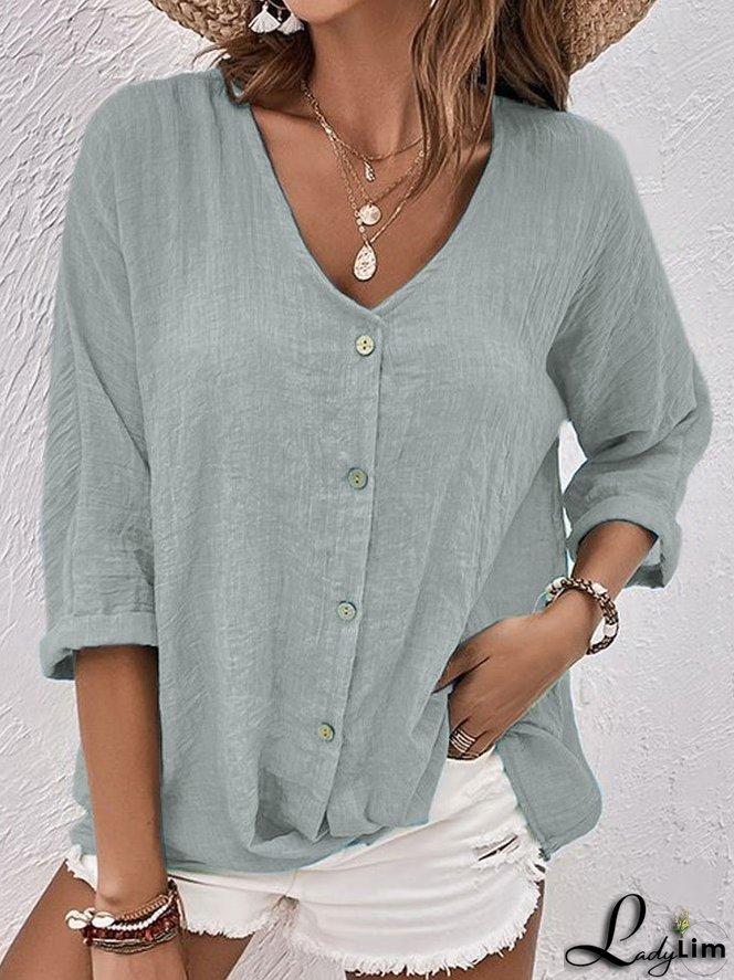 Blue linen V-neck shirt