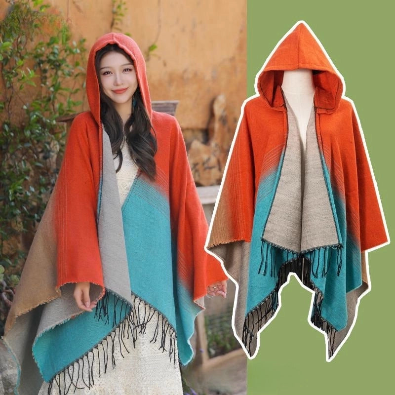 Ethnic Style Hooded Cape Women’s Yunnan Tibet Western Sichuan Grassland Bohemia Travel Wear Scarf Coat