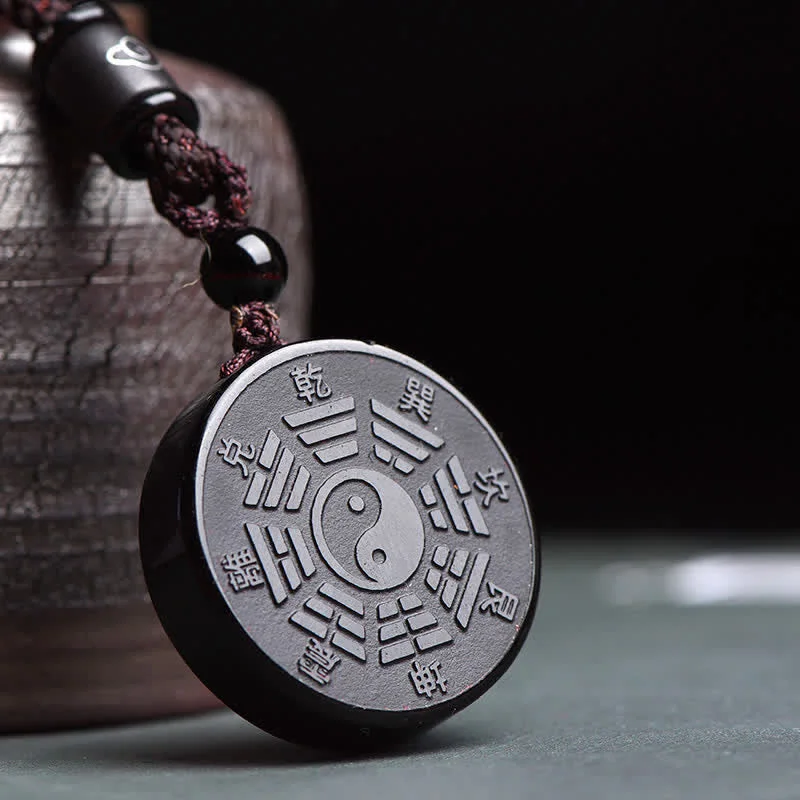 Black Obsidian Bagua Yin Yang Strength Necklace Pendant