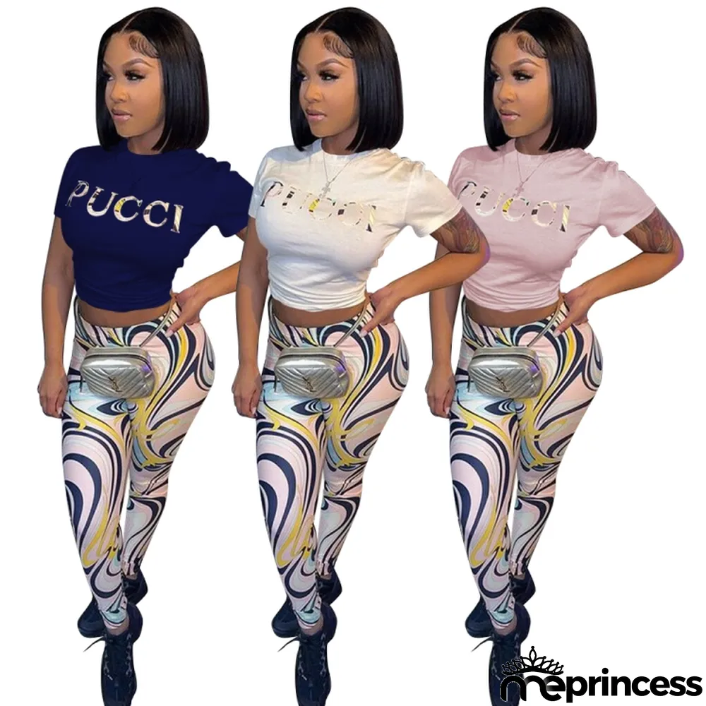 Women Summer Pink Casual O-Neck Short Sleeves High Waist Printed Regular Two Piece Pants Set