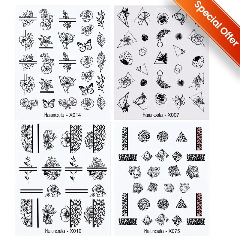 Harunouta 4pcs Geometry Color Wave Line Water Decals Stickers Flower Leaves Slider For Nails Spring Summer Nail Art Decorations-Nail Inspo