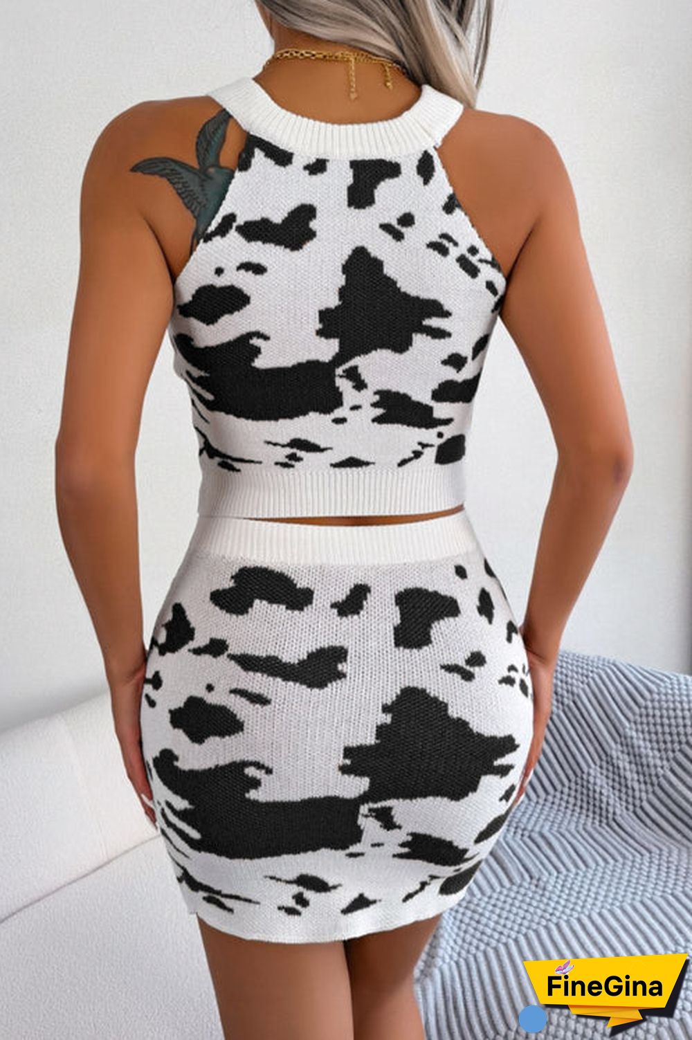 Animal print Contrast Sleeveless Knit Top and Mini Skirt Set