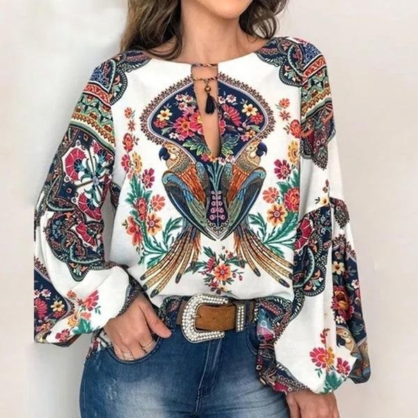 5XL Boho Floral Print Lantern Sleeve Shirt Sexy Lace-up Tassel O Neck Women Tops Blouse | EGEMISS
