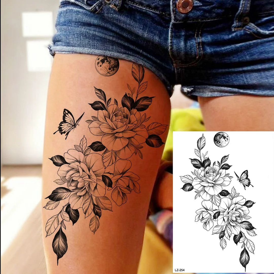 Black Rose Flower Sexy Temporary Tattoos For Women Adult Thigh Peony Skull Realistic Fake Tattoo Sexy Washable Tatoos Sticker