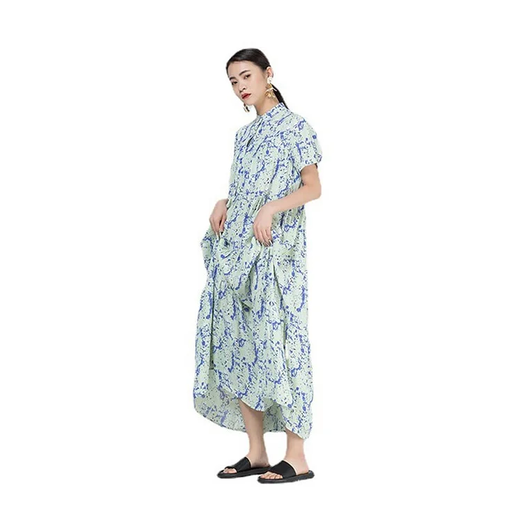 Art Loose Half Stand Collar Splash Ink Printed Short Sleeve Dress