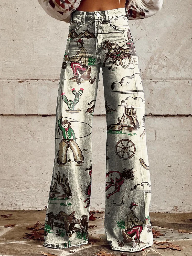 Retro Horse Print Casual Wide Leg Pants