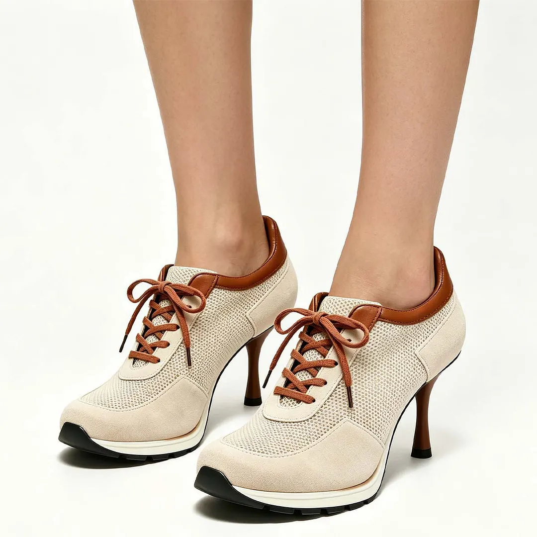 Beige and Brown Patchwork Round Toe Sneaker Stiletto High Heel Shoes