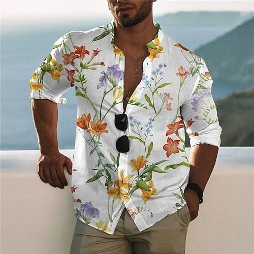 Men's Casual Shirts Stand Collar Floral Print Shirts T-Shirts