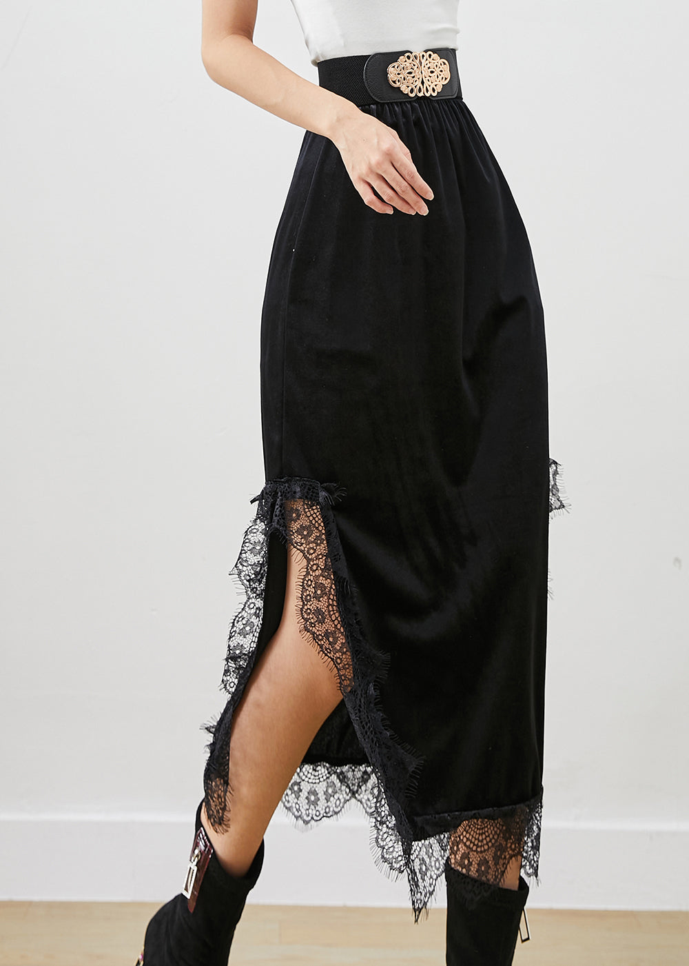 VCSHOES Black Lace Patchwork Side Open Silk Velour Skirts Fall