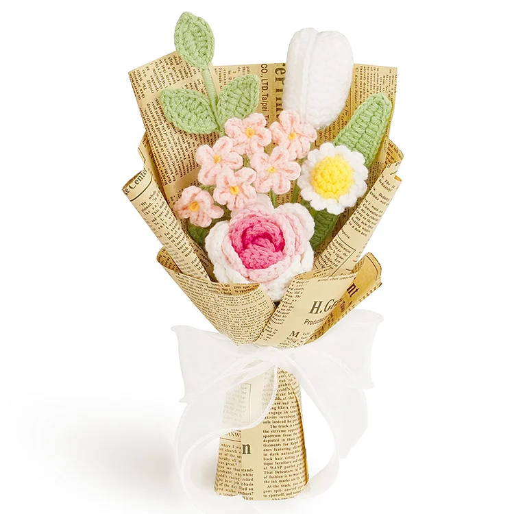 Lulusnow Handmade Pink Rose Tulip Myosotis Crochet Flowers Bouquet Wedding/Forever Loving Girlfriend/Wife/Bride Gift