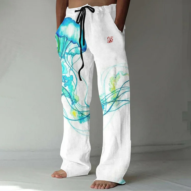 Japanese Art Jellyfish Graphic Painting Art Linen Blend Pants