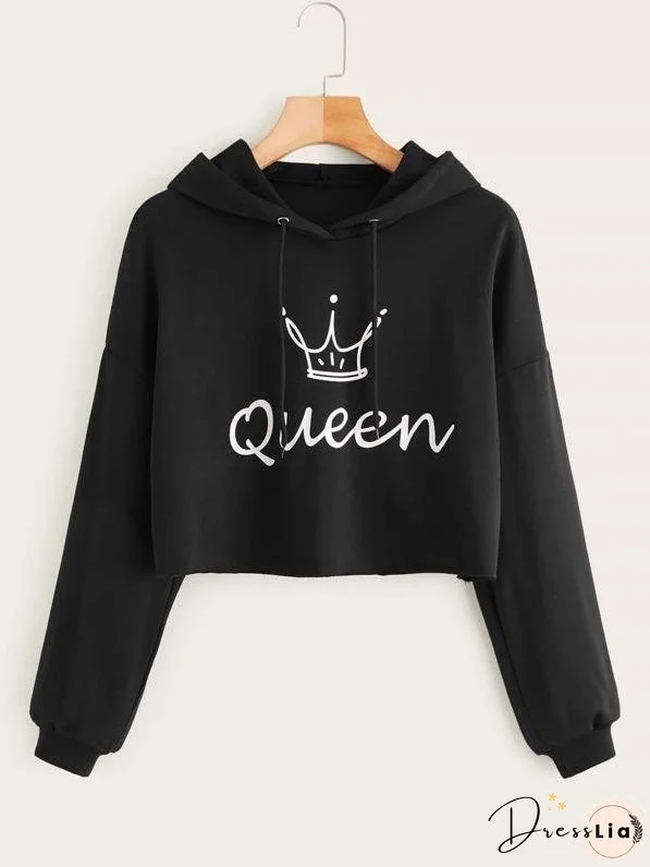 Crown & Letter Graphic Drawstring Hoodie for Women