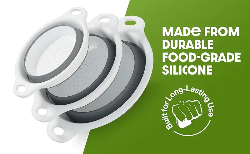 Three food-grade silicone collapsible colanders