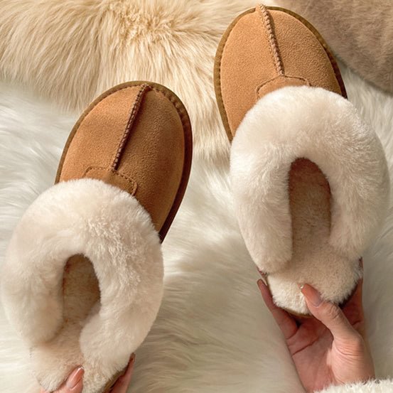 Women's Casual Solid Color Round Toe Mid Heels Plush Slippers