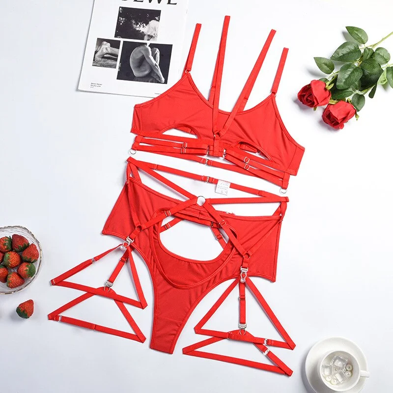 Billionm Hollow Out Lingerie For Women Underwear Halter Bra Erotic 4-Pieces Fancy Luxury Sets Red Sensual Outfits