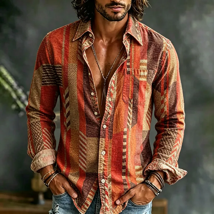 Men's Retro Geometric Art Print Linen Blend Long-sleeve Shirt