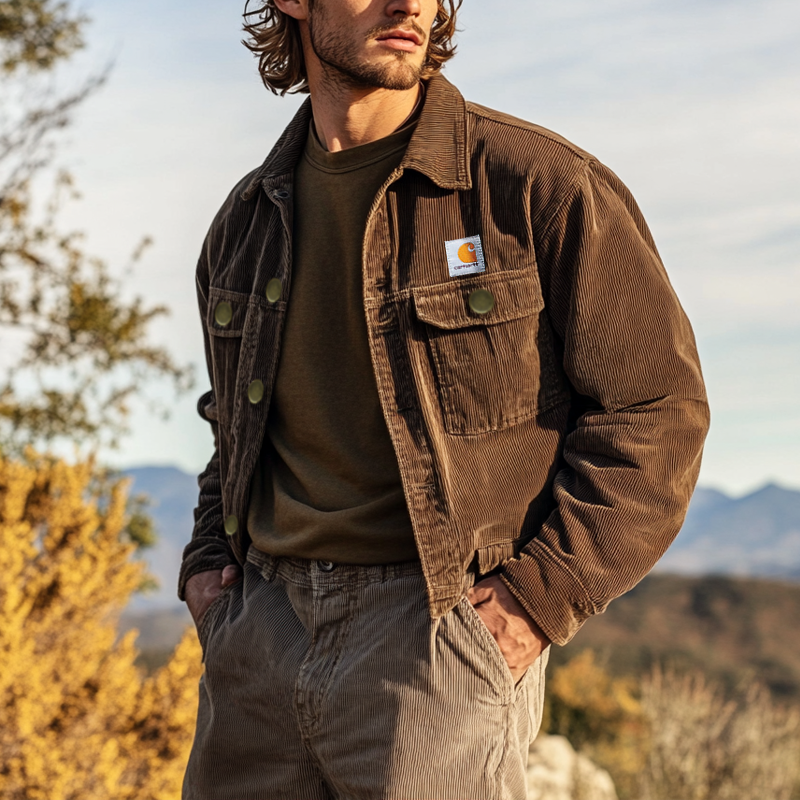 Men's Vintage Outdoor Button Pocket Brown Corduroy Jacket