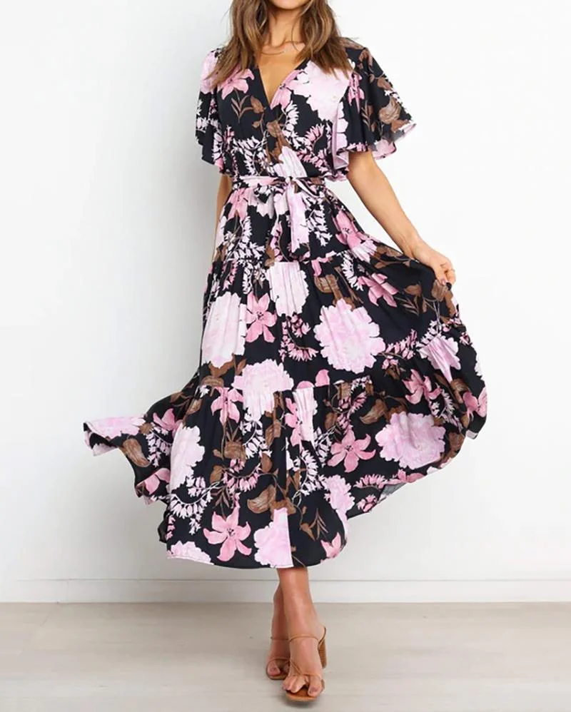 Commuter v-neck short-sleeved printed dress